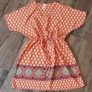 Pink Owl Coral Red Short Dolman Sleeve Above-the-Knee Silky Polyester Dress, S